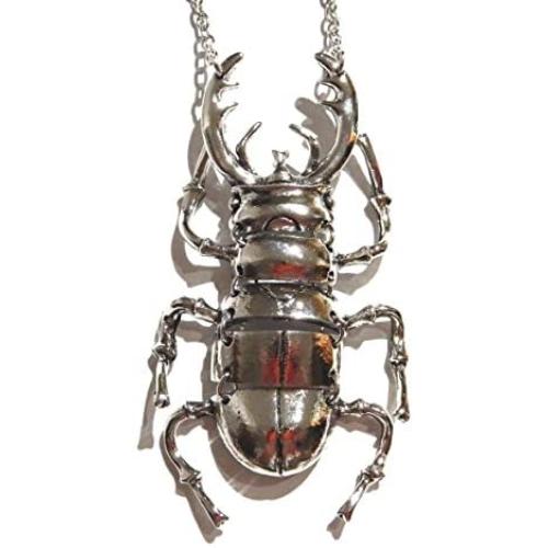 Regal Rock Jointed Stag Beetle Silvertone Chunky Pendant Chain Necklace Insect Bug Scarab Punk Wiccan