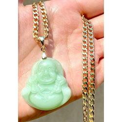 Smiling Laughing Buddha Lime Green Jade Pendant Necklace Cuban Cubana Gold Chain Genuine Certified Grade A Jadeite Jade Hand Crafted, Jade Neckalce, 14k Gold Filled Buddha necklace, Jade Medallion (18.00)