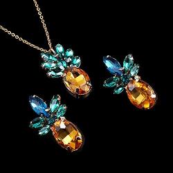 Sparkling Yellow Emerald Crystal Vintage Trendy Fruit Pineapple Earrings Stud Necklace Jewelry Sets For Women Girls (pineapple earring)