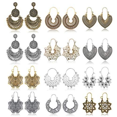 Subiceto 12 Pairs Vintage Mandala Flower Gypsy Drop Dangle Statement Earrings for Women Boho Retro Tribal Hollow Earrings Jewelry Set