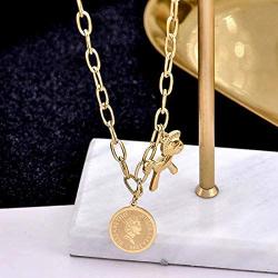 ZYHENG 14k Gold-Plated Titanium Steel Pony Queen Elizabeth Round Pendant Necklace, Fashion Sweater Chain Hip Hop Fashion Accessories