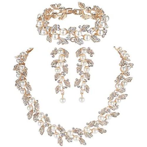 mecresh Simulated Pearl Leave Floral Bridal Jewelry Sets, Crystal Wedding Necklace Earrings Bracelet Sets Jewelry Engagement Gift