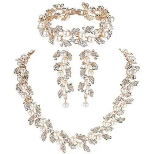 mecresh Simulated Pearl Leave Floral Bridal Jewelry Sets, Crystal Wedding Necklace Earrings Bracelet Sets Jewelry Engagement Gift