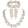 mecresh Simulated Pearl Leave Floral Bridal Jewelry Sets, Crystal Wedding Necklace Earrings Bracelet Sets Jewelry Engagement Gift