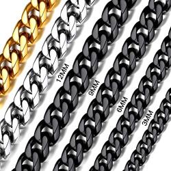 U7 Miami Cuban Chain in Stainless Black Gold Color|Flat Link Necklace NK Cuban Chains for Men and Women,Width 3-12mm,Length 14 Inch-30 Inch.Gift Packed