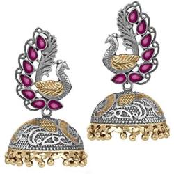 Aheli Dual Tone Oxidized Peacock Design Crafted Jhumka Jhumki Earrings Indian Fashion Jewelry for Women Girls