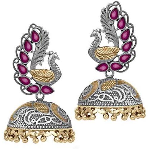 Aheli Dual Tone Oxidized Peacock Design Crafted Jhumka Jhumki Earrings Indian Fashion Jewelry for Women Girls