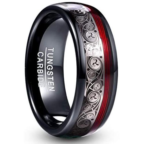 VAKKI 8mm Black Dome Tungsten Carbide Ring with Celtic Spiral and Red Guitar String Comfort Fit Size 7-12.5