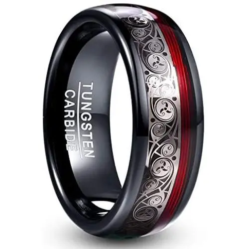 VAKKI 8mm Black Dome Tungsten Carbide Ring with Celtic Spiral and Red Guitar String Comfort Fit Size 7-12.5 VAKKI 8mm Black Dome Tungsten Carbide Ring with Celtic Spiral and Red Guitar String Comfort Fit Size 7-12.5