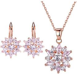 BAMOER 18K Rose Gold Plated Cubic Zirconia Snowflake Lever Back Earrings Necklace Set for Women CZ Jewelry Set