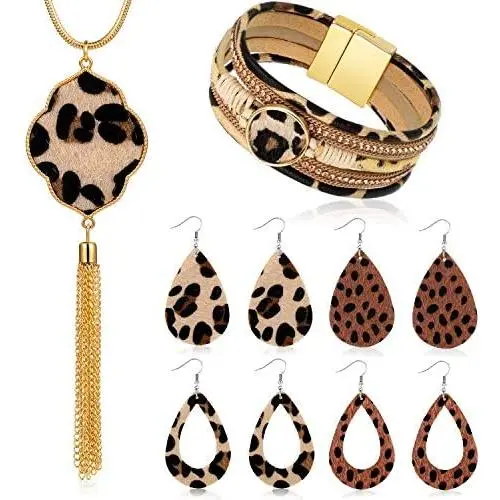 Hicarer 6 Pack Leopard Print Jewelry Set Include Multi-Layer Leopard Bracelet, Leopard Print Necklace and Faux Leather Teardrop Leopard Earrings for Women