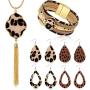 Hicarer 6 Pack Leopard Print Jewelry Set Include Multi-Layer Leopard Bracelet, Leopard Print Necklace and Faux Leather Teardrop Leopard Earrings for Women