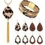 Hicarer 6 Pack Leopard Print Jewelry Set Include Multi-Layer Leopard Bracelet, Leopard Print Necklace and Faux Leather Teardrop Leopard Earrings for Women