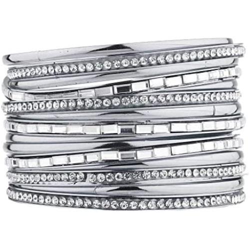 Lux Accessories Pave and Baguette Stone Bangle Bracelet Set (15pcs)