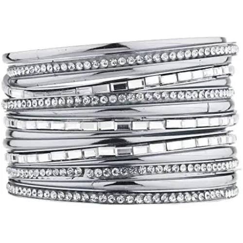 Lux Accessories Pave and Baguette Stone Bangle Bracelet Set (15pcs) Lux Accessories Pave and Baguette Stone Bangle Bracelet Set (15pcs)