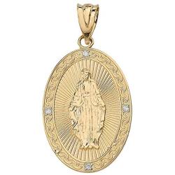 Religious Jewelry by FDJ 14k Yellow Gold Blessed Virgin Mary Miraculous Oval Medal Diamond Pendant (1'')