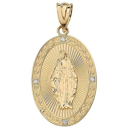 Religious Jewelry by FDJ 14k Yellow Gold Blessed Virgin Mary Miraculous Oval Medal Diamond Pendant (1'')