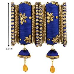 Aheli Royal Design Faux Stone Studded Silk Thread Bangle Chuda Set with Jhumki Tassel Hanging Indian Wedding Fashion Jewelry for Women