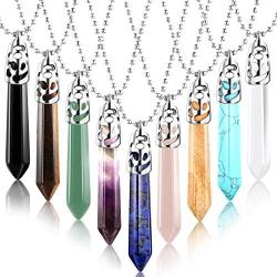 9 Pieces Hexagonal Healing Crystal Necklace Natural Prism Stone Pendant Flower Wrapped Antique Quartz Yoga Energy Pendants with 20 Inch Chains for Jewelry Accessories