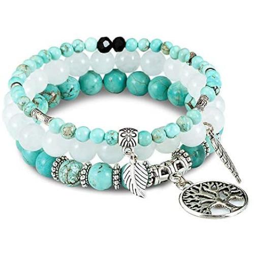FANCY SHINY Gemstone Bead Bracelets Tree of Life Charms Yoga Healing Stone Bracelet Set for Women
