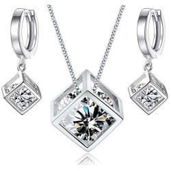Crystalline Azuria White Zirconia Crystals Cube Set Pendant Necklace 18'' Dangle Earrings 18 ct White Gold Plated