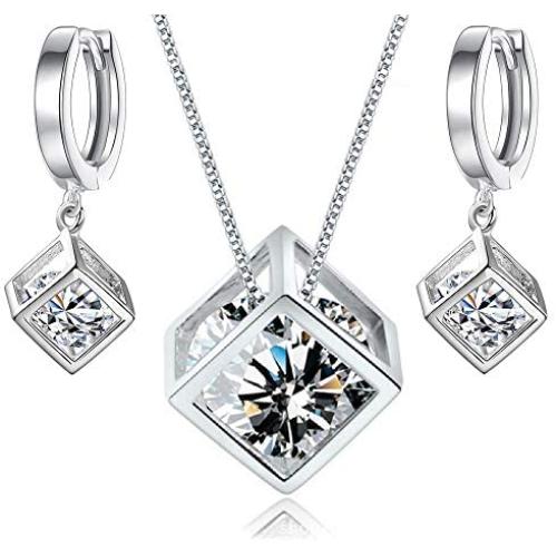 Crystalline Azuria White Zirconia Crystals Cube Set Pendant Necklace 18'' Dangle Earrings 18 ct White Gold Plated