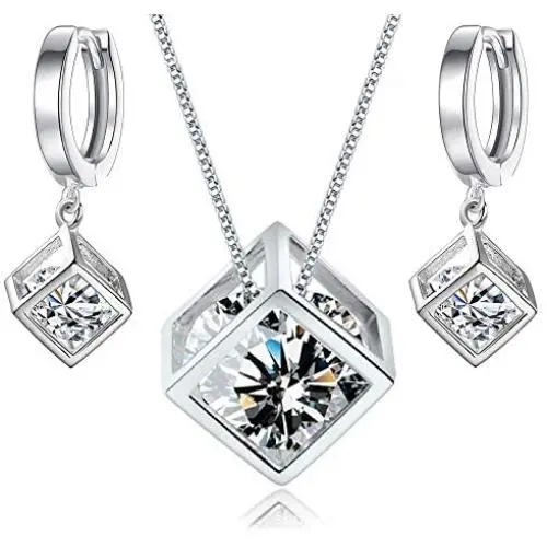 Crystalline Azuria White Zirconia Crystals Cube Set Pendant Necklace 18'' Dangle Earrings 18 ct White Gold Plated Crystalline Azuria White Zirconia Crystals Cube Set Pendant Necklace 18'' Dangle Earrings 18 ct White Gold Plated