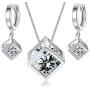 Crystalline Azuria White Zirconia Crystals Cube Set Pendant Necklace 18'' Dangle Earrings 18 ct White Gold Plated
