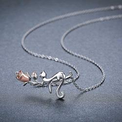 Cat Necklace, 925 Sterling Silver with 18K Rose Gold Plated Rose Pendant, Two Tone Minimalist Cat Jewelry Mother Day Gift for Women Cat Lover Girlfriend Daughter with Gift Box