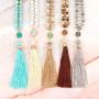 Bohemian Tassel Pendant Beaded Long Statement Necklace - Sparkly Crystal Bead Boho Teardrop, Natural Stone, Silky Thread Fringe