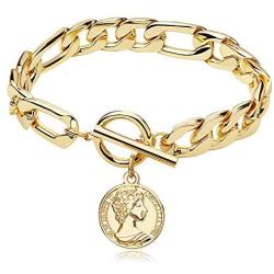 FAMARINE Charm Bracelets for Women 4MM, Gold Chain Cuban Link Mens Bracelet for Teen Girls Friendship Bracelets Gift Toggle Clasp, 18K Gold