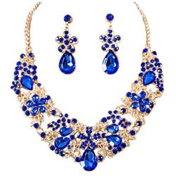 Gold Tone Flower Rhinestone Bridal Wedding Jewelry Set Bib Collar Necklace and Dangle Earrings