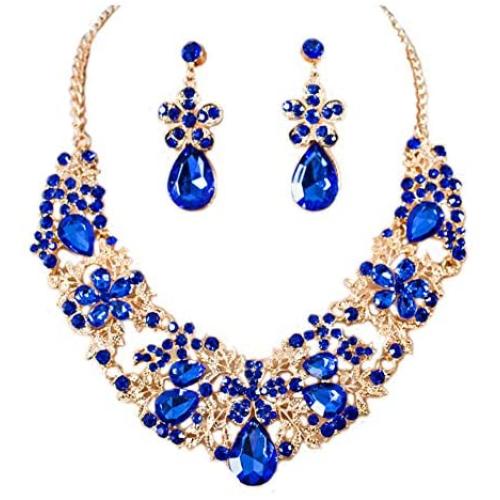 Gold Tone Flower Rhinestone Bridal Wedding Jewelry Set Bib Collar Necklace and Dangle Earrings