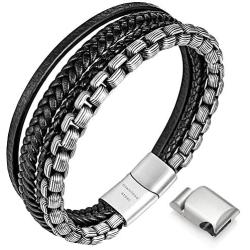 Speroto Mens Bracelets,Leather and Steel Bracelets, Chain Bracelets with Magnetic Clasp,Steel Bracelets for Men