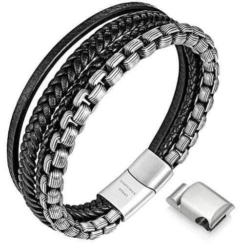 Speroto Mens Bracelets,Leather and Steel Bracelets, Chain Bracelets with Magnetic Clasp,Steel Bracelets for Men