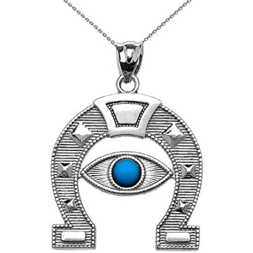Elegant Sterling Silver Blue Stone Evil Eye Protection Horse Shoe Good Luck Pendant Necklace