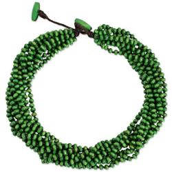 NOVICA Green Beaded Wood Torsade Necklace Khao Luang Belle, 19.75-21.75''