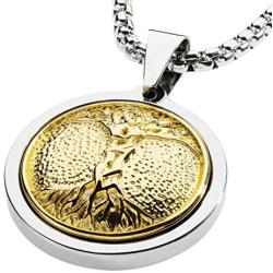 GESTALT COUTURE Unique Tungsten Medallion Necklace. Stainless Steel Tree of Life Inlay with 18kt Gold Plating.