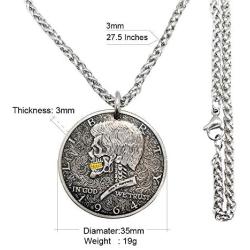 ApinJe Vintage Skull Pendant Coin Necklace Steampunk Jewelry for Men Stainless Steel Chain 27.5 Inches