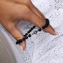 JOJOPANDA Matte Black Agate Beaded Bracelet Initial Letter Carved Natural Stone Elastic Bracelet 6mm Personalized Couple Gift