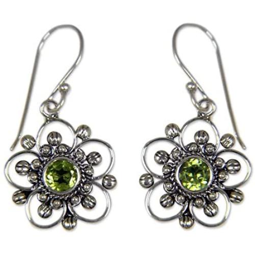 NOVICA 925 Sterling Silver and Peridot Flower Dangle Earrings, Natures Gift