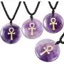 SUNYIK Egyptian Ankh Cross Engraved Round Stone Amulet Pendant Necklace, Adjustable Wave Necklaces for Unisex