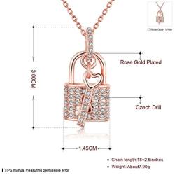 Kebaner Fashion Jewelry Lock in My Heart Lock & Key Crystal Rose Gold Plated Necklace Pendant for Women