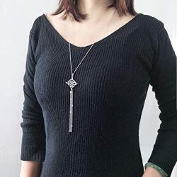 S925 Sterling Silver Long Chain Necklace for Women Statement Pendant Fringe Sweater Necklaces