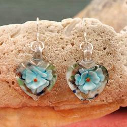 Handmade Murano Inspired Light Blue Confetti Flower Heart Drop Glass Earrings by BESHEEK │Artisan Blown Hypoallergenic Lampwork Italian Style Dangle Jewelry