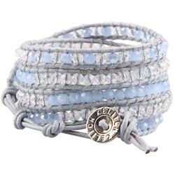 KELITCH Crystal Gray Beaded 5 Wrap Bracelet On Lvory Leather Handmade Jewelry