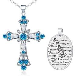 Silver Cross Faith Pendant Necklace Crystal Heart Christian Religous Jewelry for women Girls Stainless Steel Chain 18'' with 2'' Extension