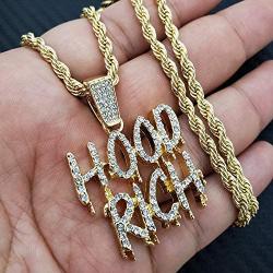 BLINGFACTORY Iced Hip Hop Gold PT Hood Rich Drip Pendant & 24'' Rope Chain Fashion Necklace