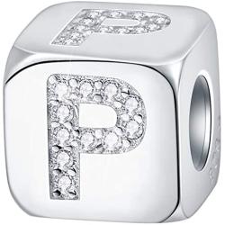 EMOSTAR Dice-Shaped 26 Block Letters Charms Initial A-Z Alphabet Beads, 925 Sterling Silver Square Cube Charms with CZ fits European Women Bracelet, Gifts for Birthday/Christmas/Mom/Lover