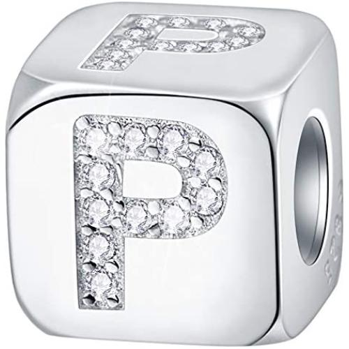 EMOSTAR Dice-Shaped 26 Block Letters Charms Initial A-Z Alphabet Beads, 925 Sterling Silver Square Cube Charms with CZ fits European Women Bracelet, Gifts for Birthday/Christmas/Mom/Lover